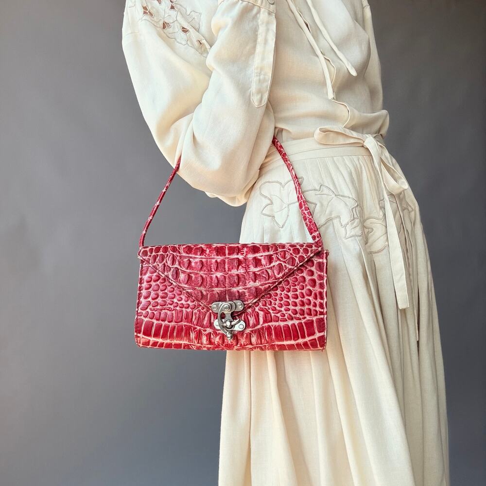 Vintage Red Croc-Embossed Leather Bag - Marbled "Steak" Print, Kiss Lock